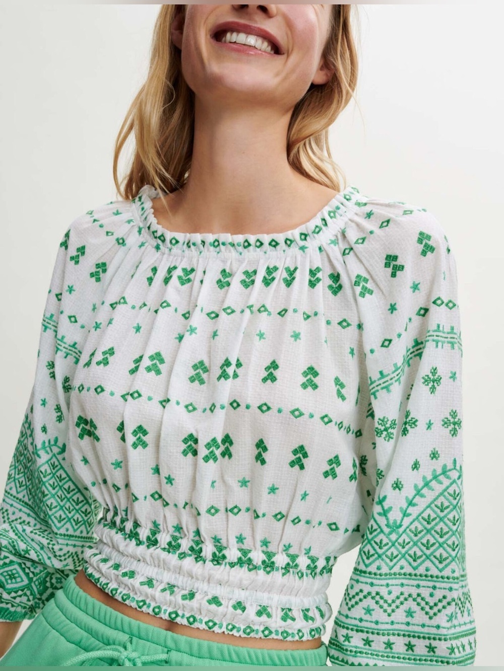 Maje Fully embroidered cotton 
White Green Embroidered Peasant crop $345
Small